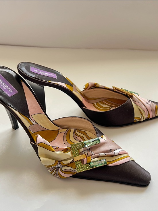 Emilio Pucci Shoes - Vintage EMILIO PUCCI Silk Satin Mules w/ Emerald Crystal Buckle -Size EU 36.5
